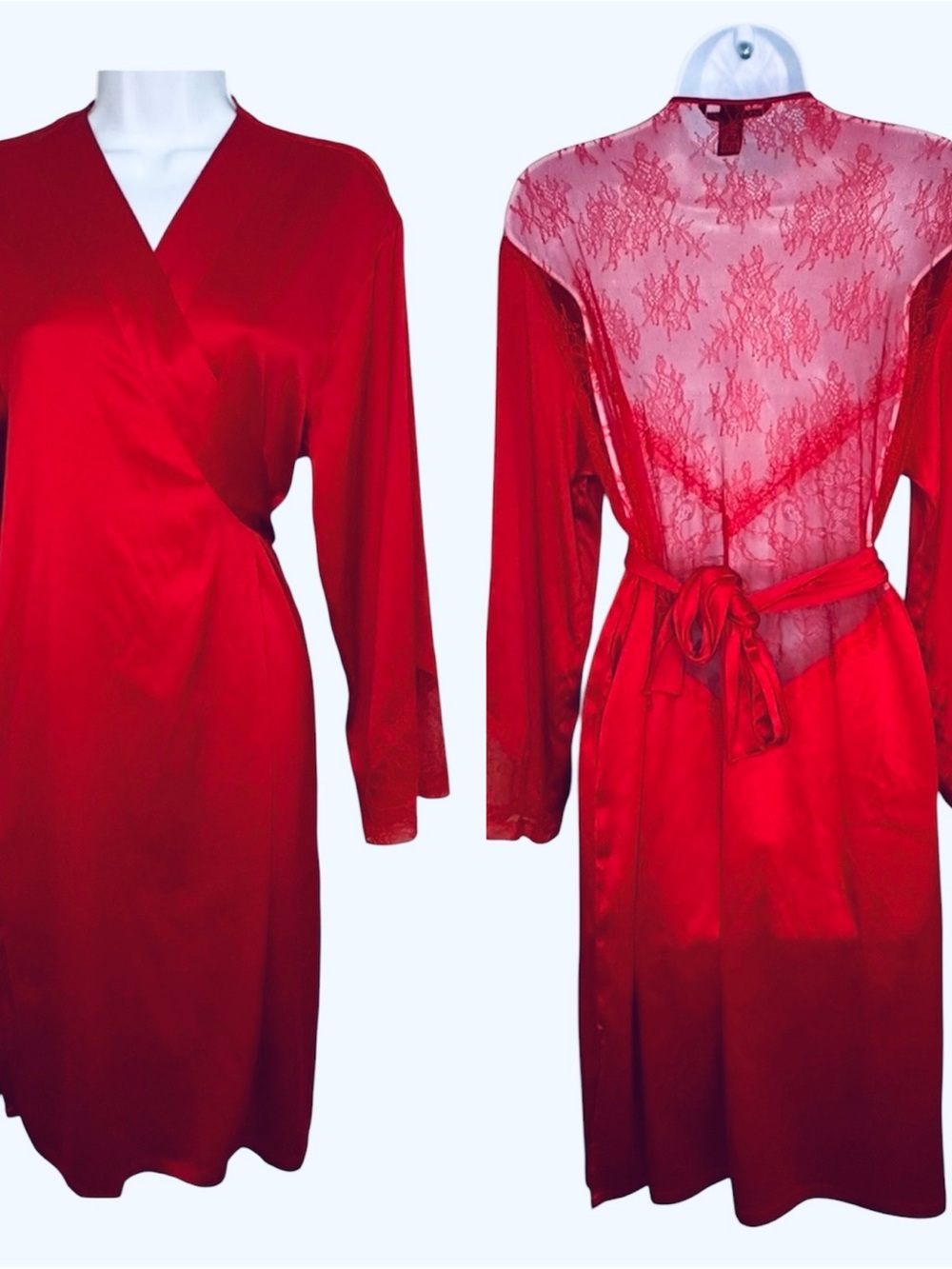 Victoria's Secret Satin Chantilly Red Lace Kimono Wrap Robe Medium/Large